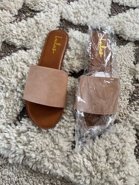 Lulu's tan Wide-Strap Slide Sandals